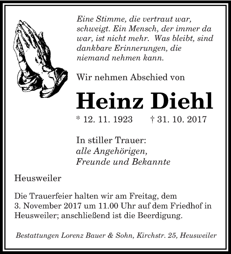  Traueranzeige für Heinz Diehl vom 02.11.2017 aus saarbruecker_zeitung
