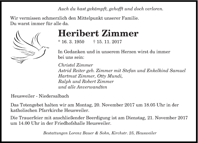  Traueranzeige für Heribert Zimmer vom 18.11.2017 aus saarbruecker_zeitung