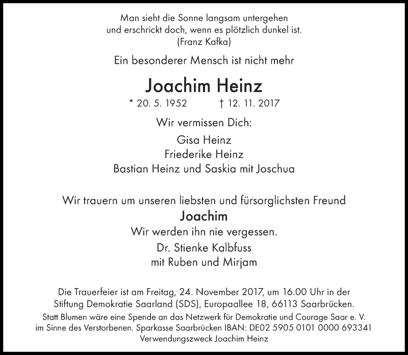  Traueranzeige für Joachim Heinz vom 18.11.2017 aus saarbruecker_zeitung