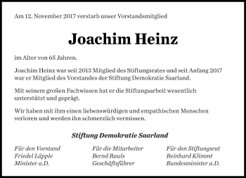 Traueranzeige von Joachim Heinz von saarbruecker_zeitung