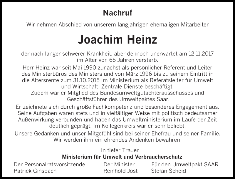  Traueranzeige für Joachim Heinz vom 18.11.2017 aus saarbruecker_zeitung