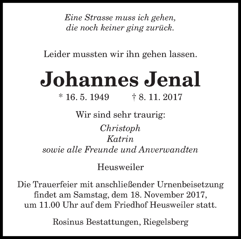  Traueranzeige für Johannes Jenal vom 13.11.2017 aus saarbruecker_zeitung