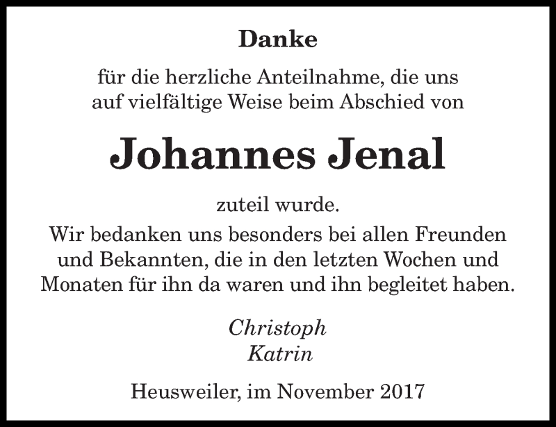  Traueranzeige für Johannes Jenal vom 24.11.2017 aus saarbruecker_zeitung