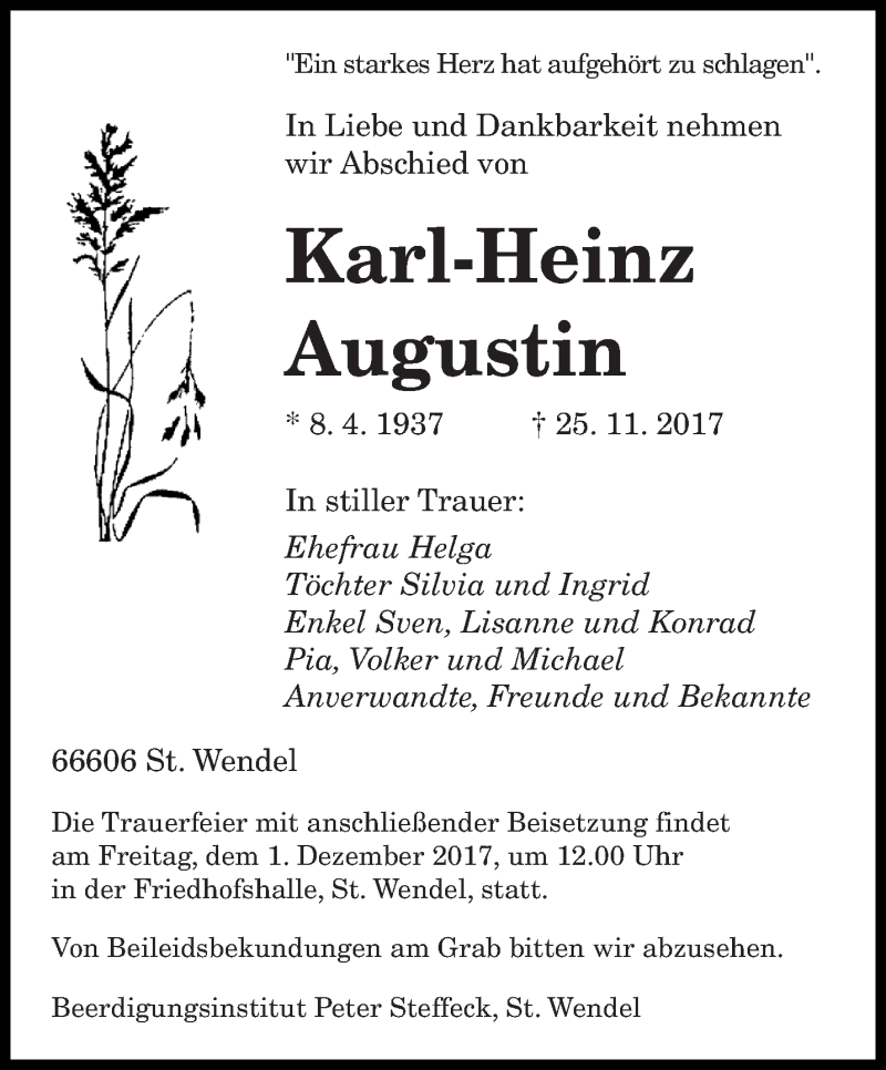  Traueranzeige für Karl-Heinz Augustin vom 29.11.2017 aus saarbruecker_zeitung