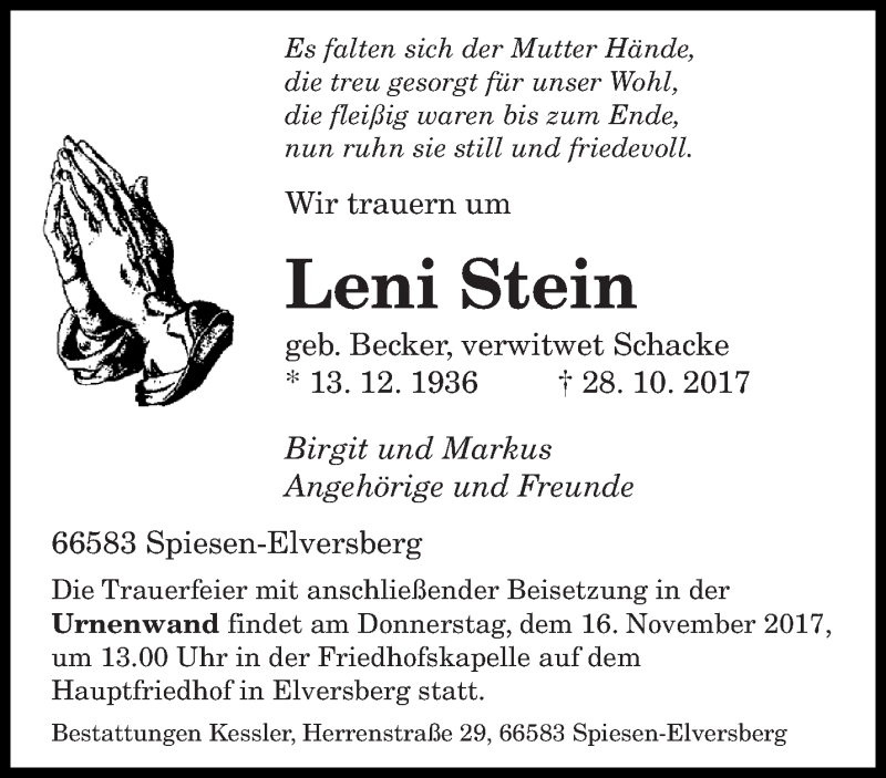  Traueranzeige für Leni Stein vom 13.11.2017 aus saarbruecker_zeitung