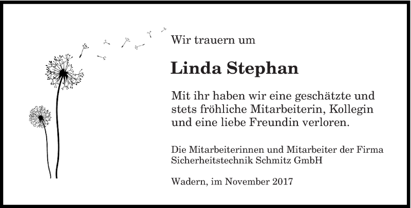  Traueranzeige für Linda Stephan vom 14.11.2017 aus saarbruecker_zeitung