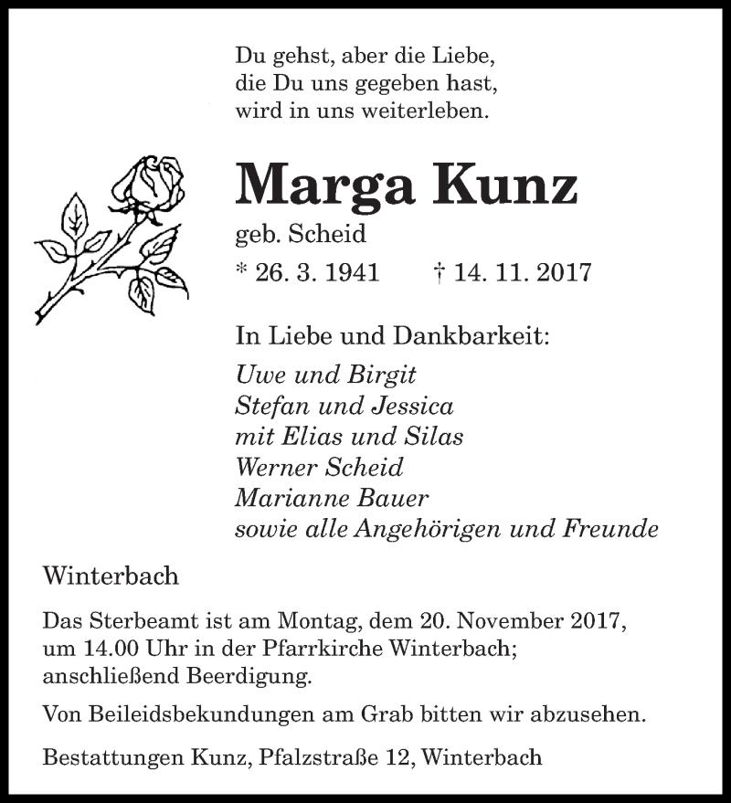  Traueranzeige für Marga Kunz vom 17.11.2017 aus saarbruecker_zeitung