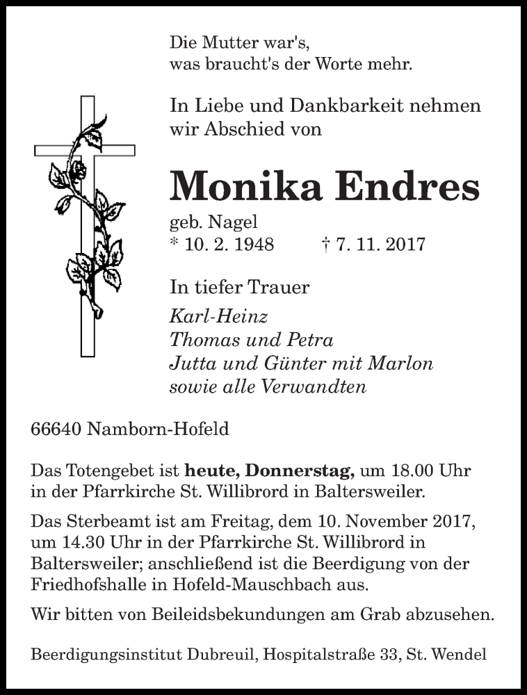  Traueranzeige für Monika Endres vom 09.11.2017 aus saarbruecker_zeitung