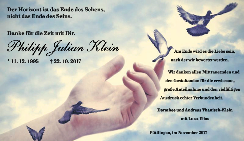  Traueranzeige für Philipp Julian Klein vom 23.11.2017 aus saarbruecker_zeitung