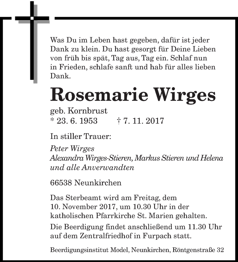  Traueranzeige für Rosemarie Wirges vom 09.11.2017 aus saarbruecker_zeitung