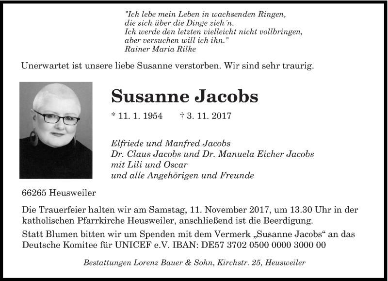  Traueranzeige für Susanne Jacobs vom 07.11.2017 aus saarbruecker_zeitung