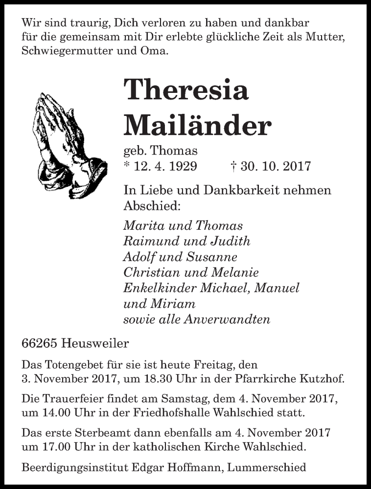  Traueranzeige für Theresia Mailänder vom 03.11.2017 aus saarbruecker_zeitung