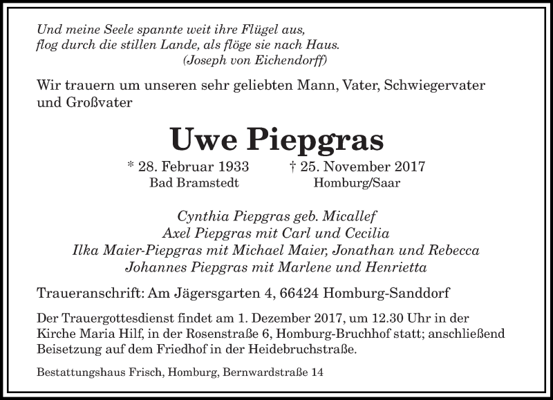  Traueranzeige für Uwe Piepgras vom 28.11.2017 aus saarbruecker_zeitung