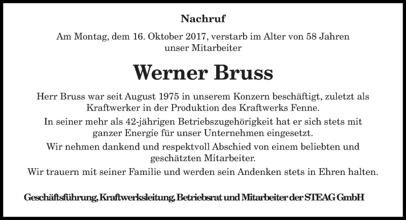  Traueranzeige für Werner Bruss vom 11.11.2017 aus saarbruecker_zeitung