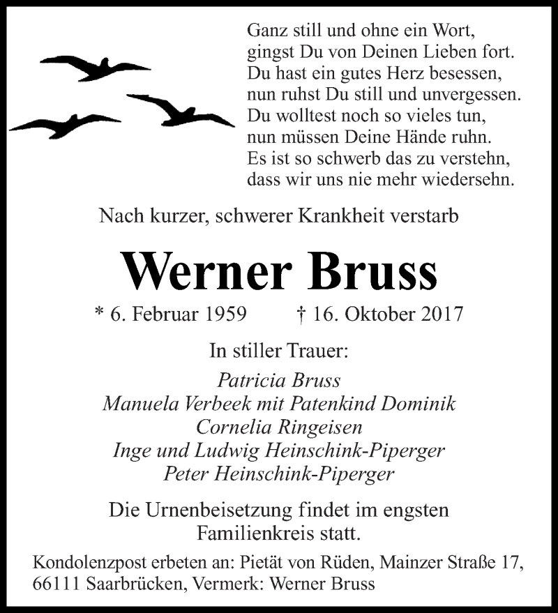  Traueranzeige für Werner Bruss vom 11.11.2017 aus saarbruecker_zeitung