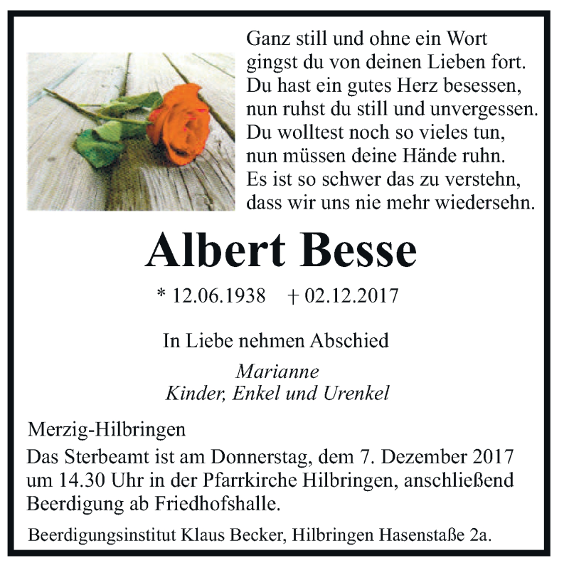  Traueranzeige für Albert Besse vom 05.12.2017 aus saarbruecker_zeitung
