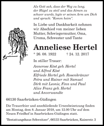 Traueranzeige von Anneliese Hertel von saarbruecker_zeitung