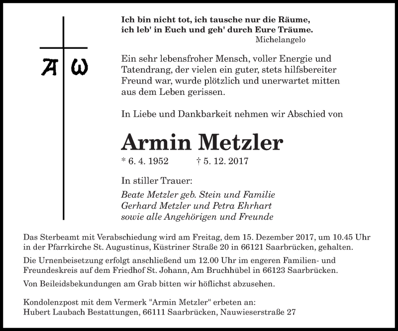 Traueranzeige für Armin Metzler vom 09.12.2017 aus saarbruecker_zeitung