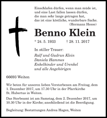 Traueranzeige von Benno Klein von saarbruecker_zeitung