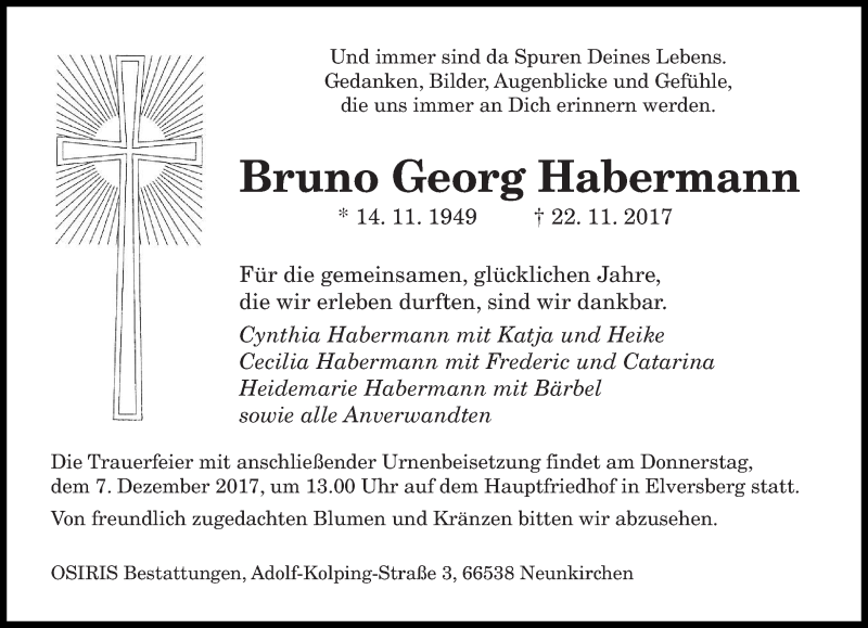  Traueranzeige für Bruno Georg Habermann vom 02.12.2017 aus saarbruecker_zeitung