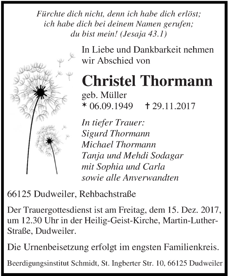  Traueranzeige für Christel Thormann vom 09.12.2017 aus saarbruecker_zeitung