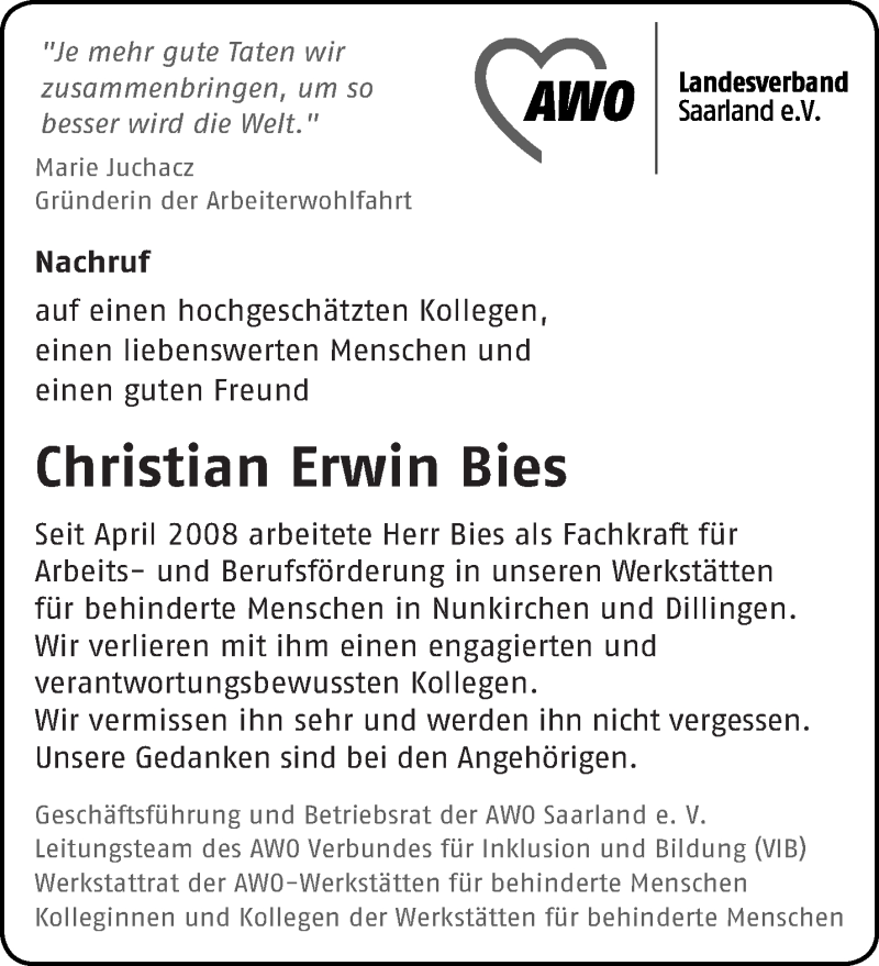  Traueranzeige für Christian Bies vom 19.12.2017 aus saarbruecker_zeitung