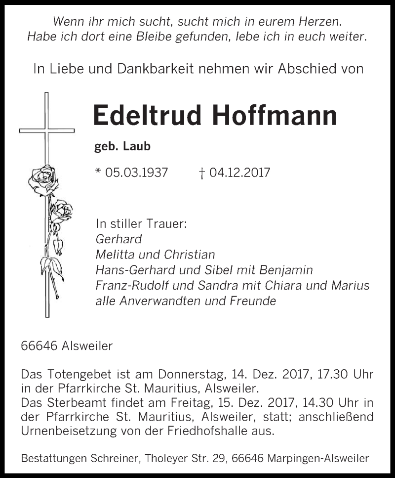  Traueranzeige für Edeltrud Hoffmann vom 13.12.2017 aus saarbruecker_zeitung