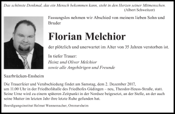 Traueranzeige von Florian Melchior von saarbruecker_zeitung