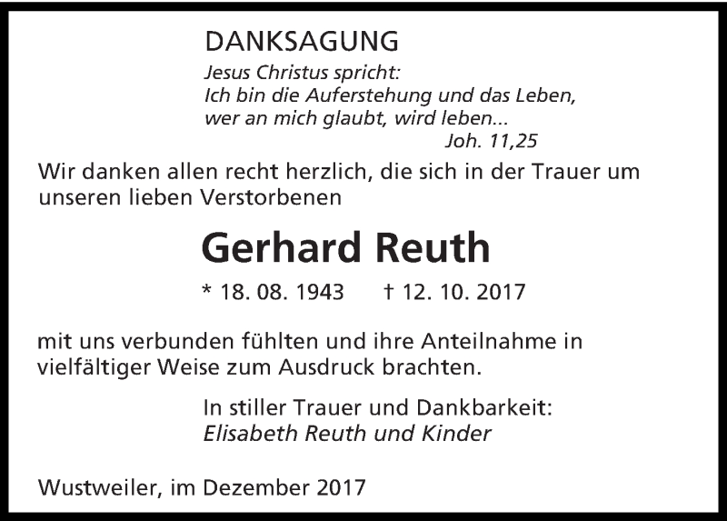  Traueranzeige für Gerhard Reuth vom 02.12.2017 aus saarbruecker_zeitung