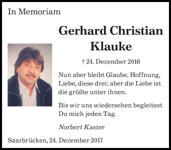 Traueranzeige von Gerhard Christian Klauke von saarbruecker_zeitung