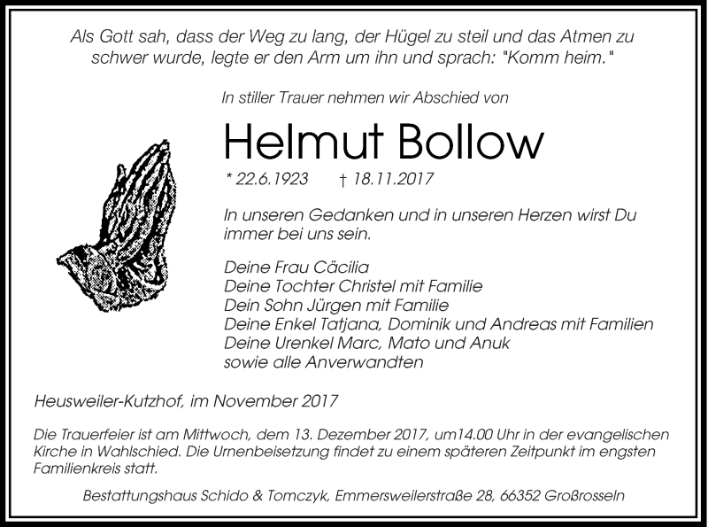  Traueranzeige für Helmut Bollow vom 09.12.2017 aus saarbruecker_zeitung