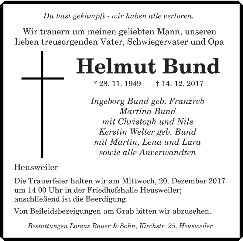  Traueranzeige für Helmut Bund vom 16.12.2017 aus saarbruecker_zeitung
