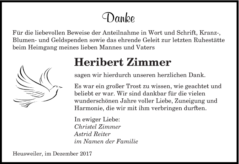  Traueranzeige für Heribert Zimmer vom 09.12.2017 aus saarbruecker_zeitung