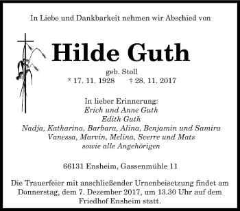 Traueranzeige von Hilde Guth von saarbruecker_zeitung