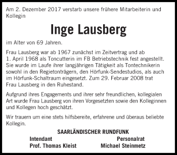 Traueranzeige von Inge Lausberg von saarbruecker_zeitung