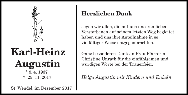  Traueranzeige für Karl-Heinz Augustin vom 30.12.2017 aus saarbruecker_zeitung