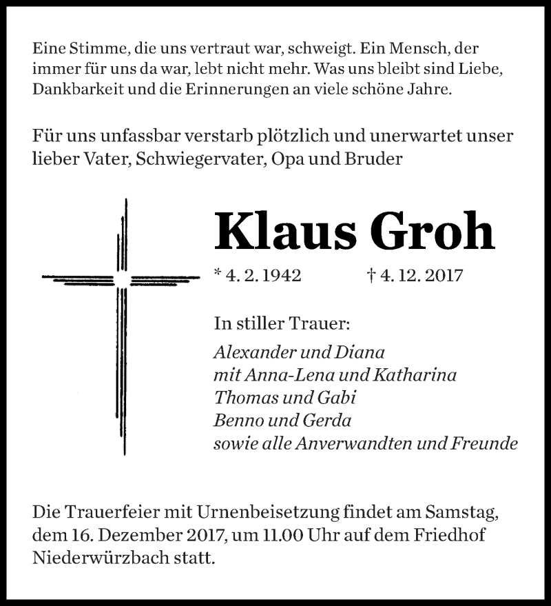 Traueranzeige für Klaus Groh vom 13.12.2017 aus saarbruecker_zeitung