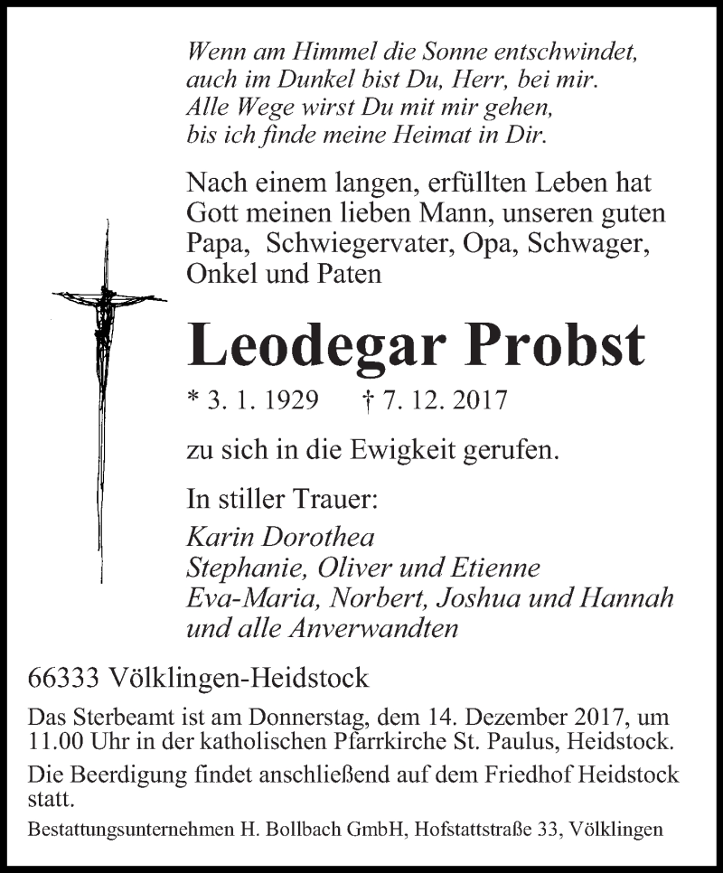  Traueranzeige für Leodegar Probst vom 11.12.2017 aus saarbruecker_zeitung