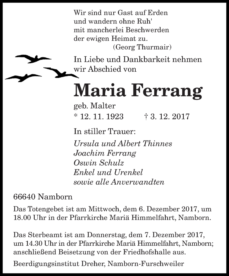  Traueranzeige für Maria Ferrang vom 05.12.2017 aus saarbruecker_zeitung