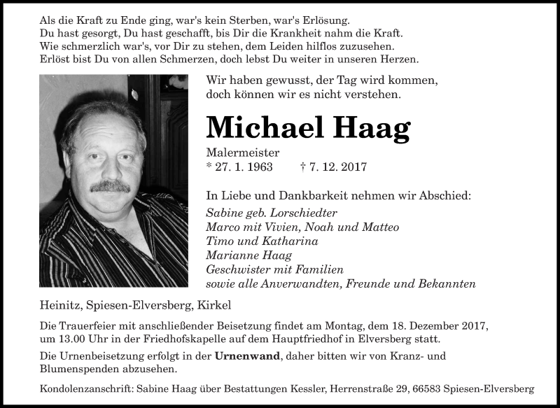  Traueranzeige für Michael Haag vom 13.12.2017 aus saarbruecker_zeitung