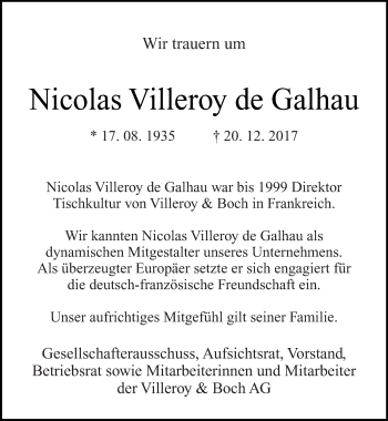 Traueranzeige von Nicolas  Villeroy de Galhau von saarbruecker_zeitung