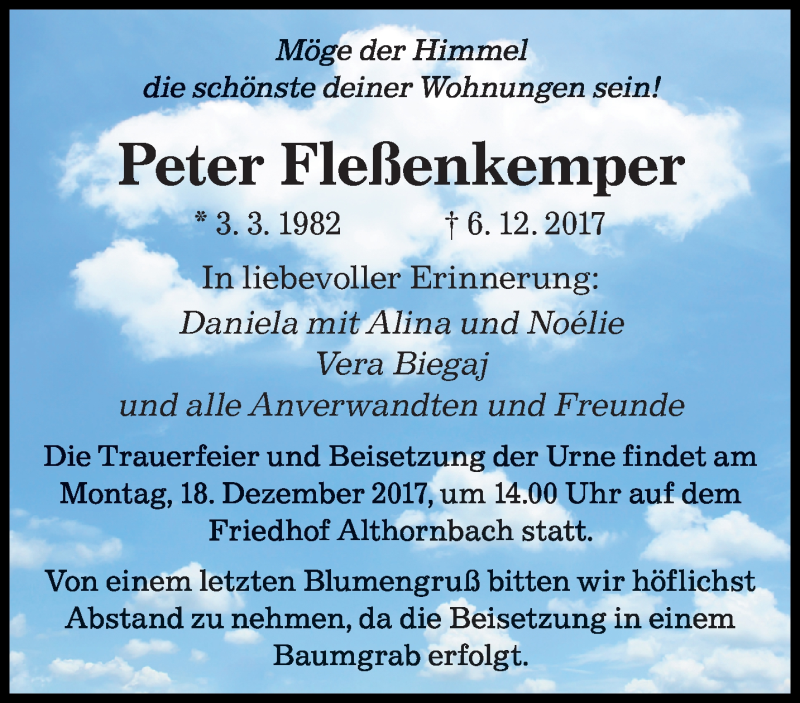  Traueranzeige für Peter Fleßenkemper vom 13.12.2017 aus saarbruecker_zeitung