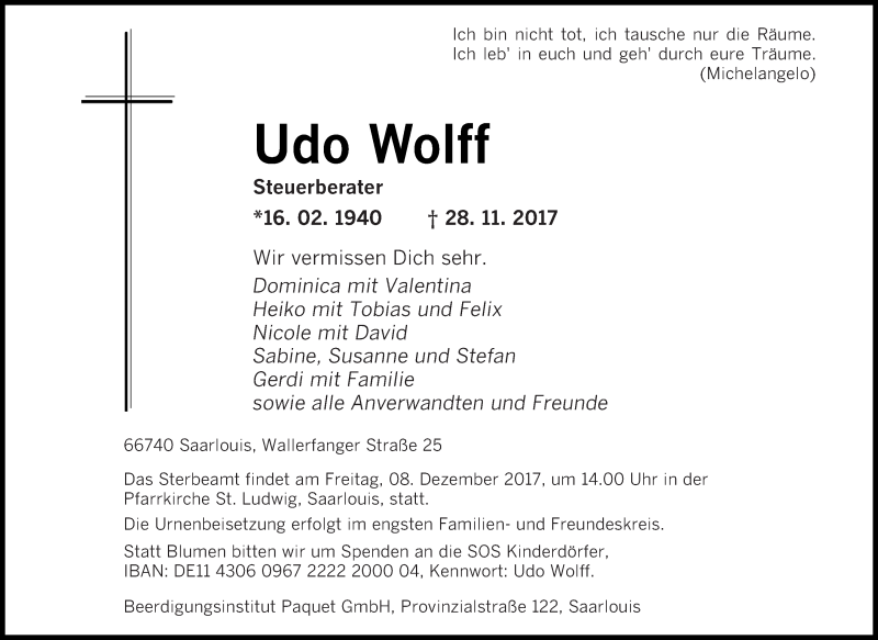  Traueranzeige für Udo Wolff vom 06.12.2017 aus saarbruecker_zeitung