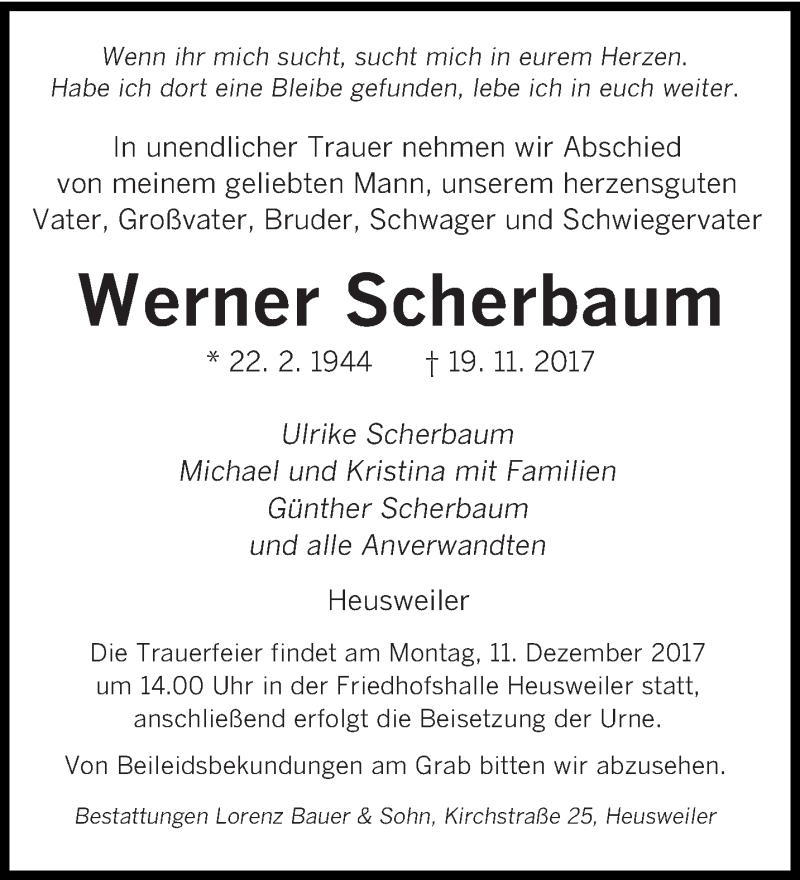  Traueranzeige für Werner Scherbaum vom 02.12.2017 aus saarbruecker_zeitung