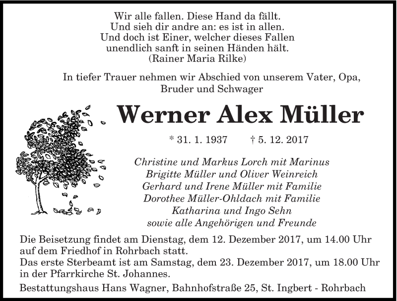  Traueranzeige für Werner Alex Müller vom 09.12.2017 aus saarbruecker_zeitung