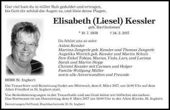 Traueranzeige von Elisabeth Kessler von saarbruecker_zeitung
