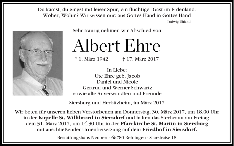  Traueranzeige für Albert Ehre vom 28.03.2017 aus saarbruecker_zeitung