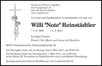 Traueranzeige von Willi  Reinstädtler von saarbruecker_zeitung