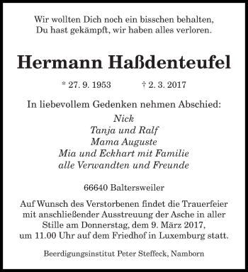 Traueranzeige von Hermann Haßdenteufel von saarbruecker_zeitung