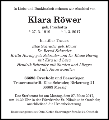 Traueranzeige von Klara Röwer von saarbruecker_zeitung
